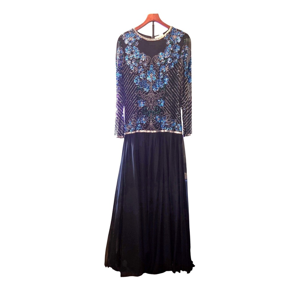 Alyce Designs VTG Gown Womens Sz 12 Black & Blue Sequin Beaded Silk Formal Dress